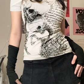 Resim Y2K Sokak Modası Kafatası Harf Baskılı Omuz Üstü Kısa Kollu T-Shirt 