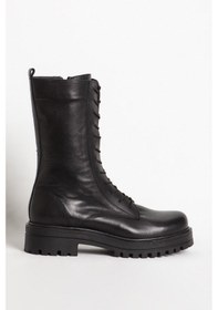 Resim Kadın Postal Kalın Tabanlı Fermuarlı Günlük Bot Gerçek Deri Br 66159 Siyah Siyah 