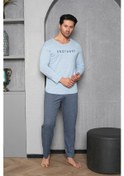 Resim Yuvarlak Yaka %100 Pamuk Regular Kalıp Erkek Pijama Takımı 983 Açık Mavi 