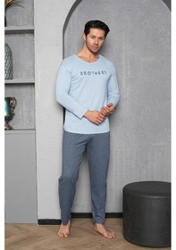 Resim Yuvarlak Yaka %100 Pamuk Regular Kalıp Erkek Pijama Takımı 983 Açık Mavi 