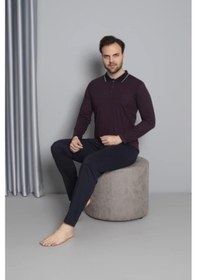 Resim Tampap Erkek Düğmeli Desenli Uzun Kollu Pijama Takımı 16585 Bordo Bordo 