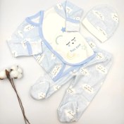 Resim Bebek Star Kendinden Eldivenli Şapkalı Mavi Bulut Desenli %100 Cotton Zıbın Takım 