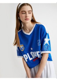 Resim Koton Forma Tişört V Yaka Kısa Kollu Renk Bloklu Baskılı Mavi 4sal10986ık Mavi 