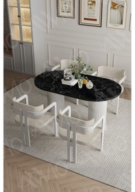 Resim Avvio Pruva Ptt Lake Mdf Ayak 4'lü Tokyo Metal Demonte Sandalye 80x140 Masa Sandalye Takımı Siyah Mermer 