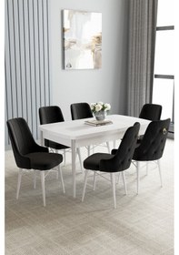 Resim Loft Beyaz 80x132 Açılabilir Mdf Masa Yemek Odası Takımı, Mutfak Takımı 6 Sandalye Siyah 