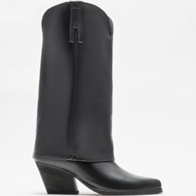 Resim Elle Siyah Deri Western Çizme 