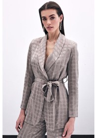 Resim Sateen Kare Desenli Kuşaklı Ceket - Vizon-135790 Vizon 