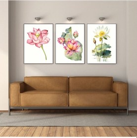 Resim Suluboya Lotus Çiçeği 3'lü Japon Çiçek Çerçevesiz Poster 3646 50 X 70 