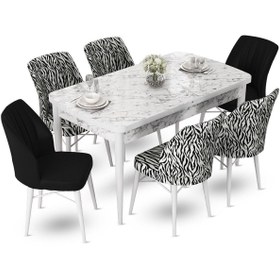 Resim Canisa Concept Fer Serisi 70x114 Açılabilir Beyaz Mermer Desen Masa Takımı Ve 4 Zebra Desen 2 Siyah Sandalye 