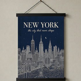 Resim New York Line Art Print - Navy Manhattan Skyline Empire State Brooklyn Bridge Wall Art - With Hanger - Black / 24 x 36" (60x90 cm) 