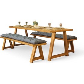 Resim Neiwel Dore Doğal Ahşap Banklı Yemek Masası Takımı-100-240 Takım Açık Ceviz 