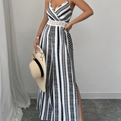 Resim İnce Askılı Kadınlar Yeni Bahar ve Yaz Tam Vücut Baskılı Dantel Yama Yan Yırtma Tatil Tulumu. 