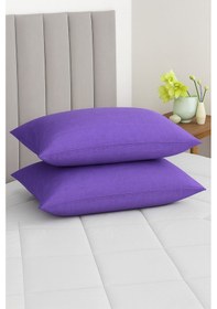 Resim Vevra Çizgili Mor Düz Renkli 2 Li Yastık Kılıfı Pamuklu Kumaş Fermuarlı Mor 