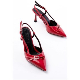 Resim Kırmızı Rugan Günlük Arkası Açık Fiyonklu Topuklu Kadın Ayakkabı Kırmızı 