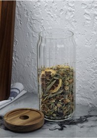 Resim Timber Cam Kavanoz - Çizgili Saklama Kavanozu - Ahşap Kapaklı, 950 Ml 