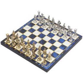 Resim Lüks Metal Satranç Takımı Krom Kaplama Roma Ordusu Figür & Gök Mavi Mermer Desenli Tahta 20 Cm. 