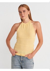Resim Dilvin 10796 Halter Bağlamalı Yaka Fırfır Dokulu Triko Bluz-sarı Sari 