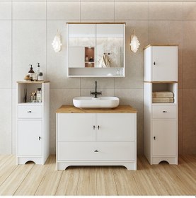 Resim Oval Lavabolu Mdf 100 Cm Çekmeceli Banyo Dolabı Atlantik Çam - Beyaz 