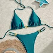 Resim Güneş Öpücüğü Tarzı, Şık Turkuaz Mavi Bağlamalı Bikini Takımı Kadınlar İçin - Yüksek Esneklik, Makinede Yıkanabilir, Örme Kumaş 
