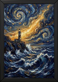 Resim Lighthouse Stormy Sea Print - Van Gogh Starry Night Coastal Wall Art - Wooden Frame - Black / 8,3 x 11,7" (21x30) 