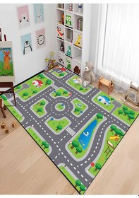 Resim Yeşil Renk Şeritli Yol Çocuk Odası Oyun Halısı Yeşil 