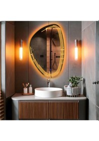 Resim Fractura Asimetrik Led'li Kumlamalı Lavabo & Banyo Aynası Dokunmatik Sensörlü 100 X 65 Cm Turuncu 