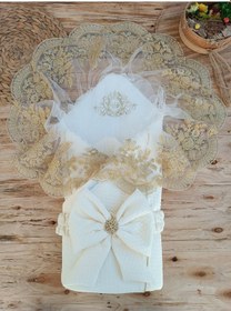 Resim Bebek Battaniyesi Dış Kundak Dantelli Bebek Kundağı Unisex Hastane Çıkışı Hediyelik Yenidoğan Ekru 