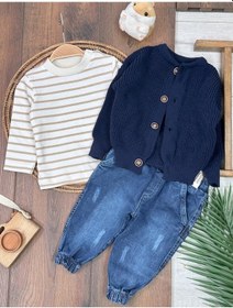 Resim Likralı Kot Pantolon Triko Hırkalı Badi 3'lü Erkek Bebek Takım Lacivert 