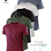 Resim 5'li Erkek Spor Tişörtleri, Hızlı Kuruma, Nefes Alabilir, Teri Çeken Mürettebat Boyun Üstleri, %100 Polyester, Hafif Konfor için Spor Salonu, Koşu ve Çalışma, Düz Renk, Normal Uygun - İlkbahar/Yaz/Sonbahar, Ter Dirençli 