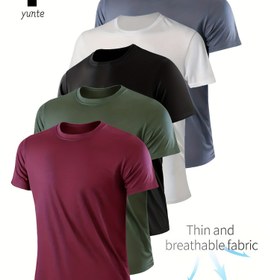 Resim 5'li Erkek Spor Tişörtleri, Hızlı Kuruma, Nefes Alabilir, Teri Çeken Mürettebat Boyun Üstleri, %100 Polyester, Hafif Konfor için Spor Salonu, Koşu ve Çalışma, Düz Renk, Normal Uygun - İlkbahar/Yaz/Sonbahar, Ter Dirençli 