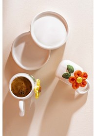 Resim Rivaistanbul Renkli Papatya Amore El Yapımı Seramik İkili Türk Kahvesi Fincan Takımı Krem 