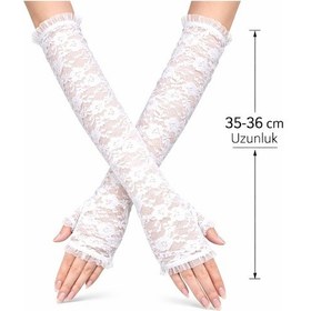 Resim Uzun Zarif Dantel Eldiven Parmaksız Beyaz 35 Cm +0 