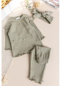 Resim Çiçek Desenli Pamuklu 3'lü Kız Bebek Takım Yeşil 