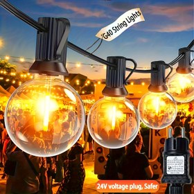 Resim FIBRAVE LED G40 Dize Işıkları, 30.48/18.29/12.19/9.14/6.1 metre - Bistro, Kahve Dükkanı, Düğün Dekoru, Veranda, Bahçe, Gazebo, Güverte için Tüm Hava Koşullarına Dayanıklı Patio Asılı Işıklar - 24V Düşük Voltajlı Takma Güç Kaynağı, Ticari Sınıf, Dış Mekan Aydınlatması | Vintage Edison Ampul Tasarımı | Hava Koşullarına Dayanıklı Işıklar 