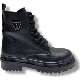 Resim Fancy 404-26 Cilt Deri Fermuarlı Bağcıklı Postal Kadın Bot Siyah 