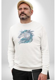Resim At Mandala Kafası Unisex Beyaz Baskılı Sweatshirt Beyaz 