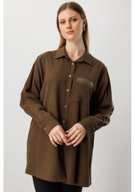 Resim Ekol Kadın Büyük Beden Cebi Taş İşlemeli Gömlek 3561 Haki Haki 