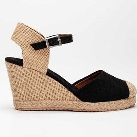 Resim Gerçek Elişi Keten Hasır Espadril Siyah Burnu Hasırlı Arkası Açık Dolgu Topuk Handmade Siyah 