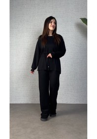 Resim Hazego Kadın Uzun Kollu Yaka Ve Büzgü Detay Tunik Ve Pantolon Ikili Takım Siyah 