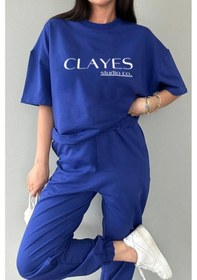 Resim Studio Co Baskılı Saks Mavi T-shirt Eşofman Altı Takım - Oversize Bisiklet Yaka Lacivert 
