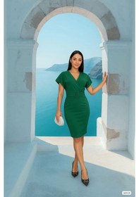 Resim Kadın Dalgıç Krep V Yaka Ve Sırt Dekolte Detaylı Elbise Yeşil 