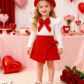 Resim Bebek kızları için dış mekanlarda giyilebilecek, sonbahar ve kış için kalın düz renkli etekli, büyük kurdele bağlama, uzun kollu üst + dekoratif dantel bağlama kalın etek + bere takımı 