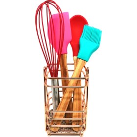 Resim Elegancev Metal Standlı Bambu Saplı Silikon Fırça Kaşık Spatula Seti-Rnkbkr 