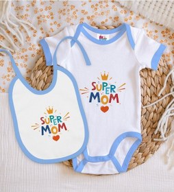 Resim Bk Kids Super Mom Tasarımlı Mavi Bebek Body Zıbın Ve Mama Önlüğü Çok Renkli 