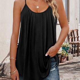 Resim Kadınların Şık Siyah Spagetti Askılı Atleti - Toplu Detaylı Rahat Kolsuz Yazlık Üst, Yumuşak Polyester Karışımı, Makinede Yıkanabilir, Günlük Giyim için Mükemmel, Çok Yönlü Giysi | Şık Spagetti Askılı Üst | Polyester Karışımlı Kumaş 