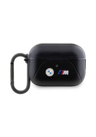 Resim Airpods Pro 2 Uyumlu Kılıf Bmw Lisanslı Pu Deri Tasarımlı 3 Renk Çizgili Çift Metal Logolu Siyah 