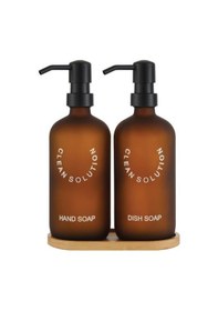 Resim 2'li Amber Cam Sıvı Sabunluk Seti Standlı 