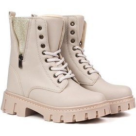 Resim Kadın Bej Fermuar Detaylı Postal Bot Kalın Taban Fermuarlı Bağcıklı Rahat Günlük Şık Ve Dayanıklı Bej 