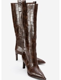 Resim Lunelle Kahverengi Baskı Sivri Burunlu Kadın Topuklu Çizme Kahverengi 