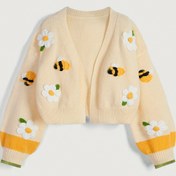 Resim TenGongchi Şık Arı & Çiçek Nakışlı Kardigan - Hardal Rengi Açık Ön Uzun Kollu Sonbahar/Kış Kazak, Orta Esneklikte Düz Kesim, Günlük veya Şık Giyimler İçin, Kadınlar için Klasik Kazak, Mevsimsel Katmanlama, Zarif İşlemeli, Kaliteli Dikiş, Stil Sahibi Katman Parçası, Sonbahar Gardırop 